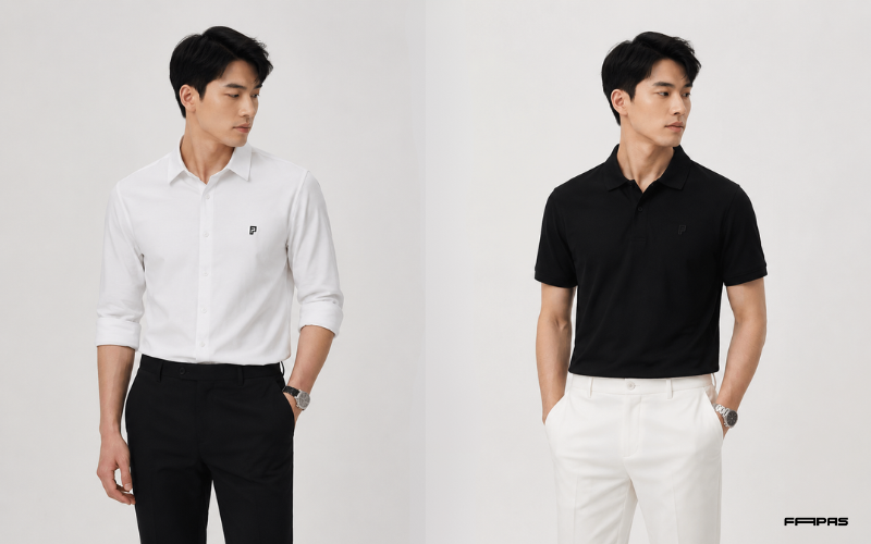 Từ sơ mi đến áo polo, những cách phối màu tương phản giúp outfit trở nên chỉn chu và phù hợp với nhiều hoàn cảnh.
