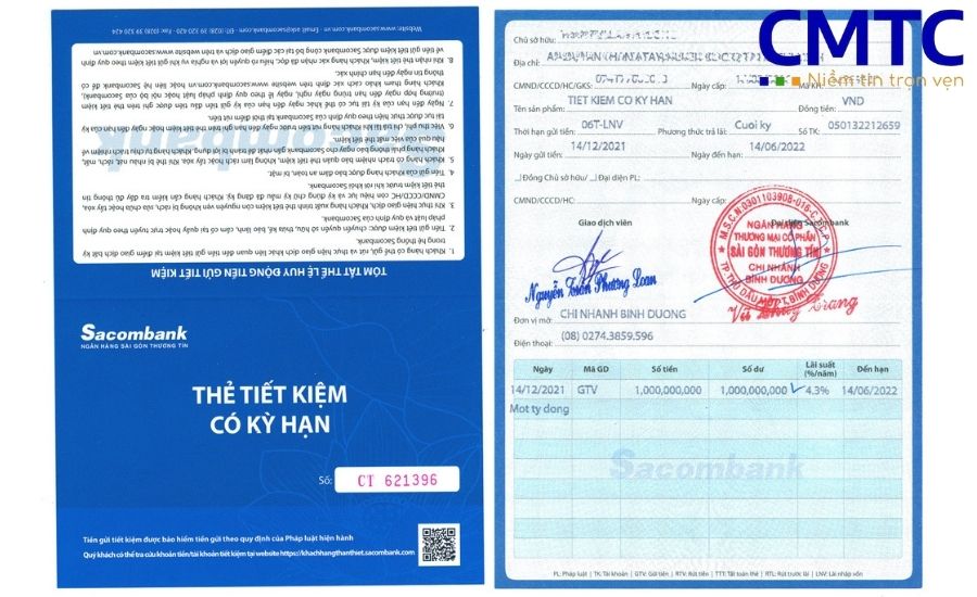 Mẫu sổ tiết kiệm khi chứng minh tài chính Sacombank