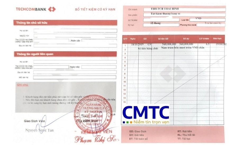 Mẫu sổ tiết kiệm khi chứng minh tài chính Techcombank