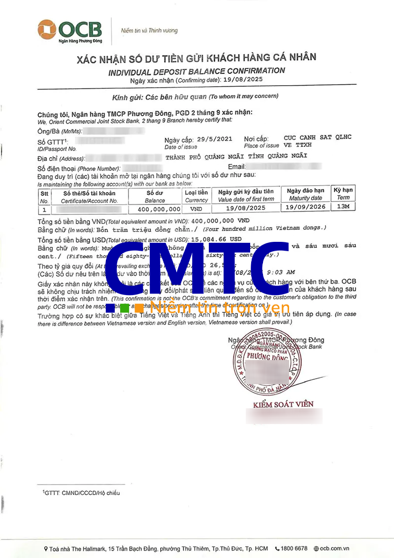 Giấy xác nhận số dư ngân hàng OCB