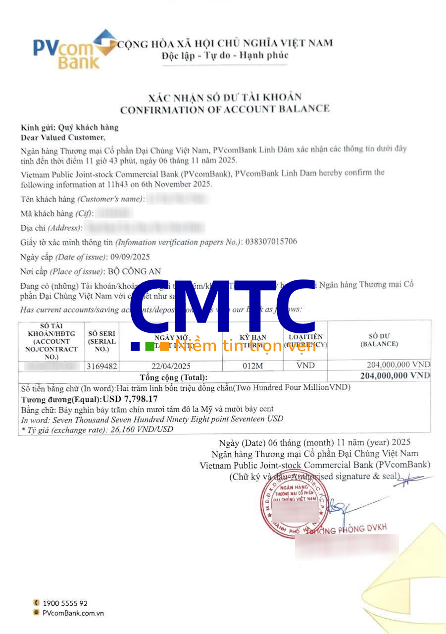 Mẫu giấy xác nhận số dư của PVcom Bank