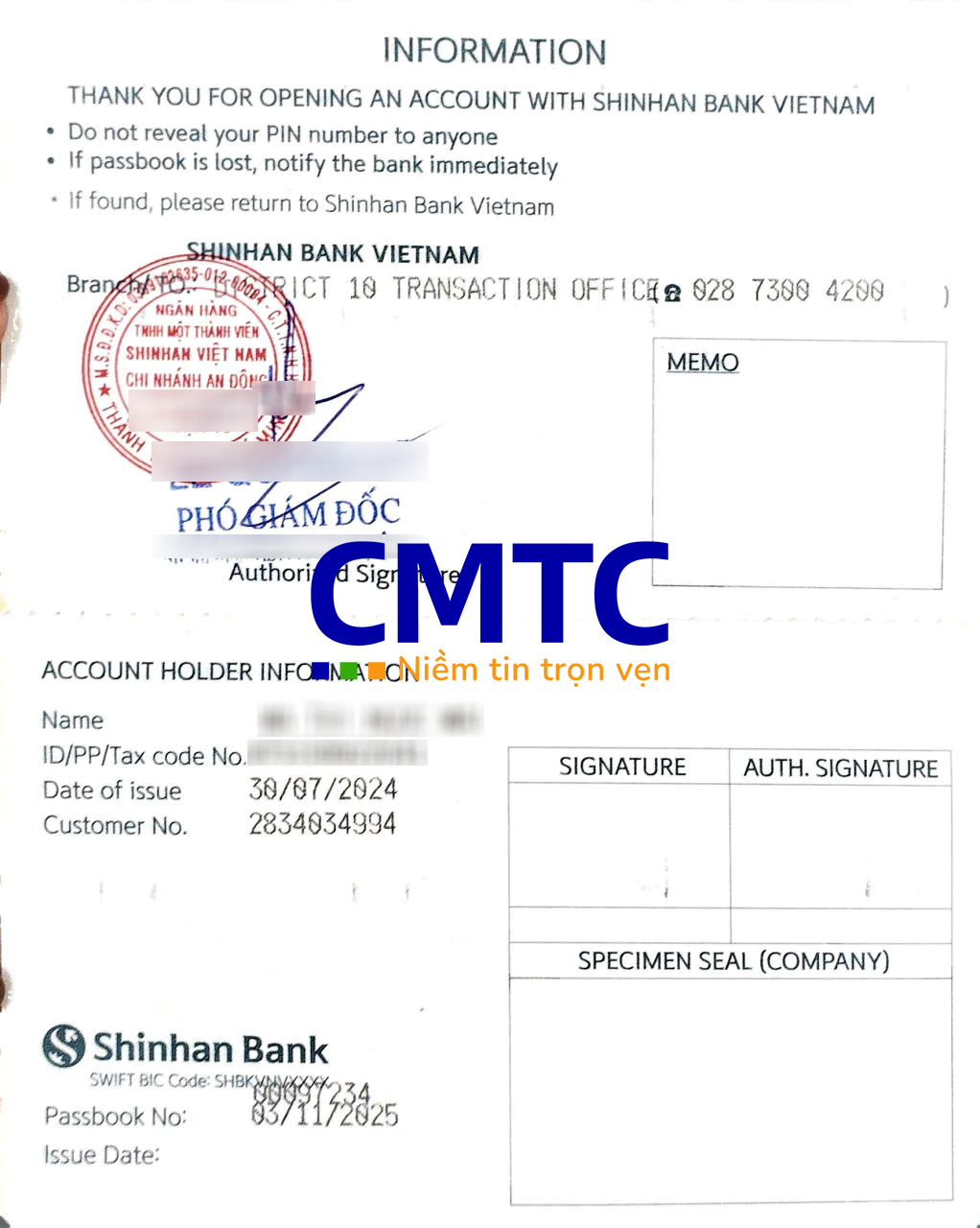 Xác nhận số dư của ngân hàng mặt trong Shinhan Bank