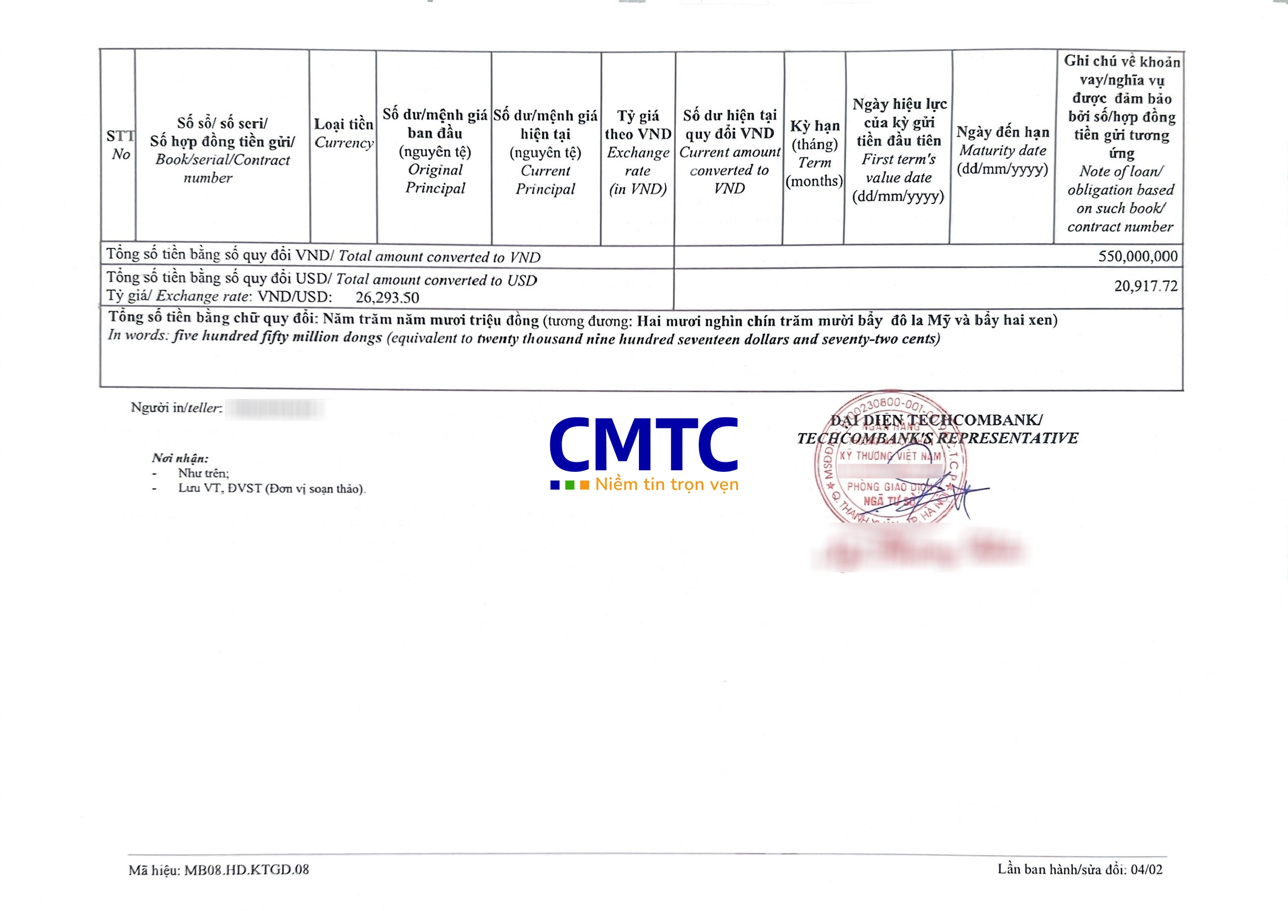 Giấy xác nhận số dư mặt sau ngân hàng Techcombank