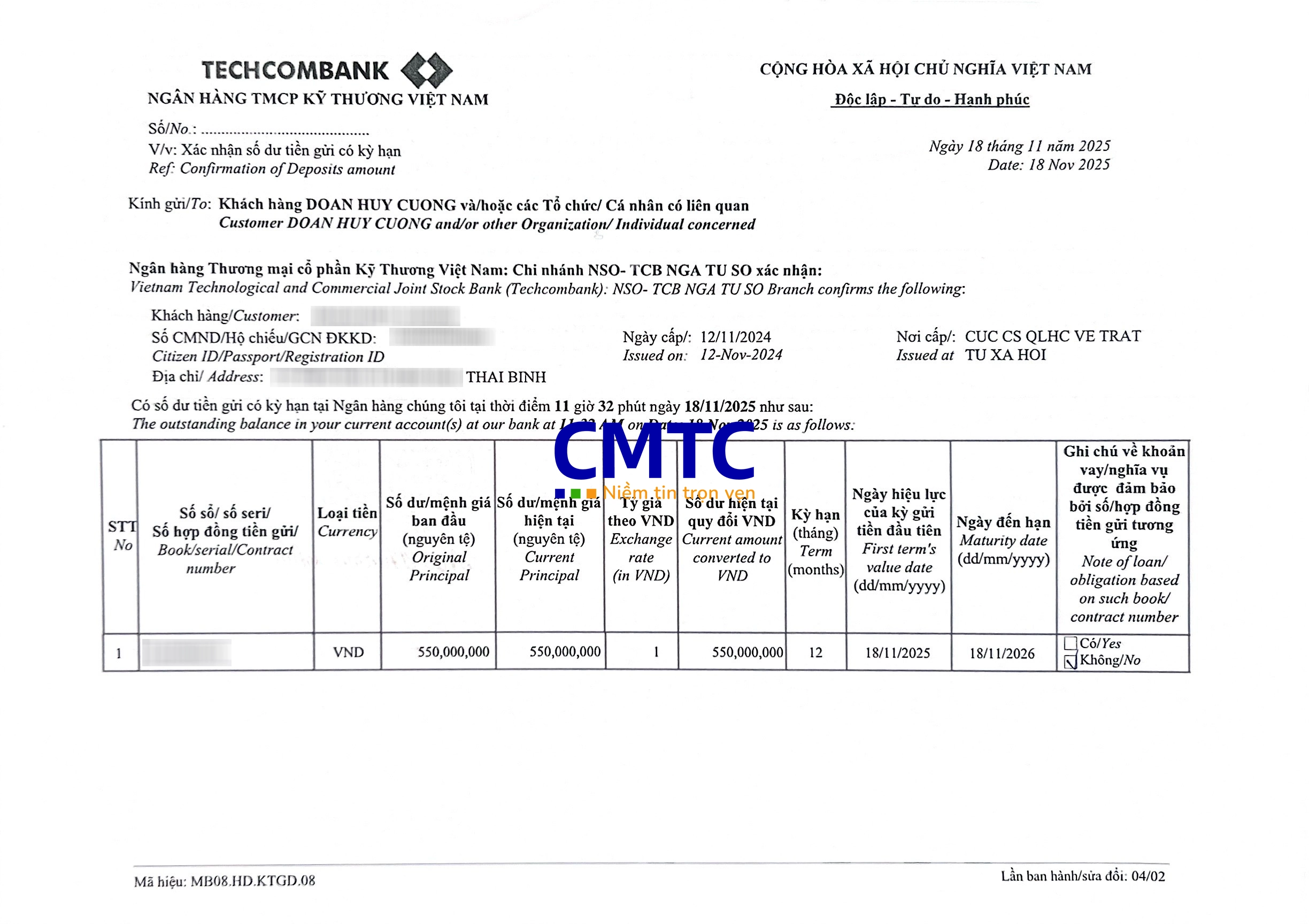 Giấy xác nhận số dư mặt trước ngân hàng Techcombank