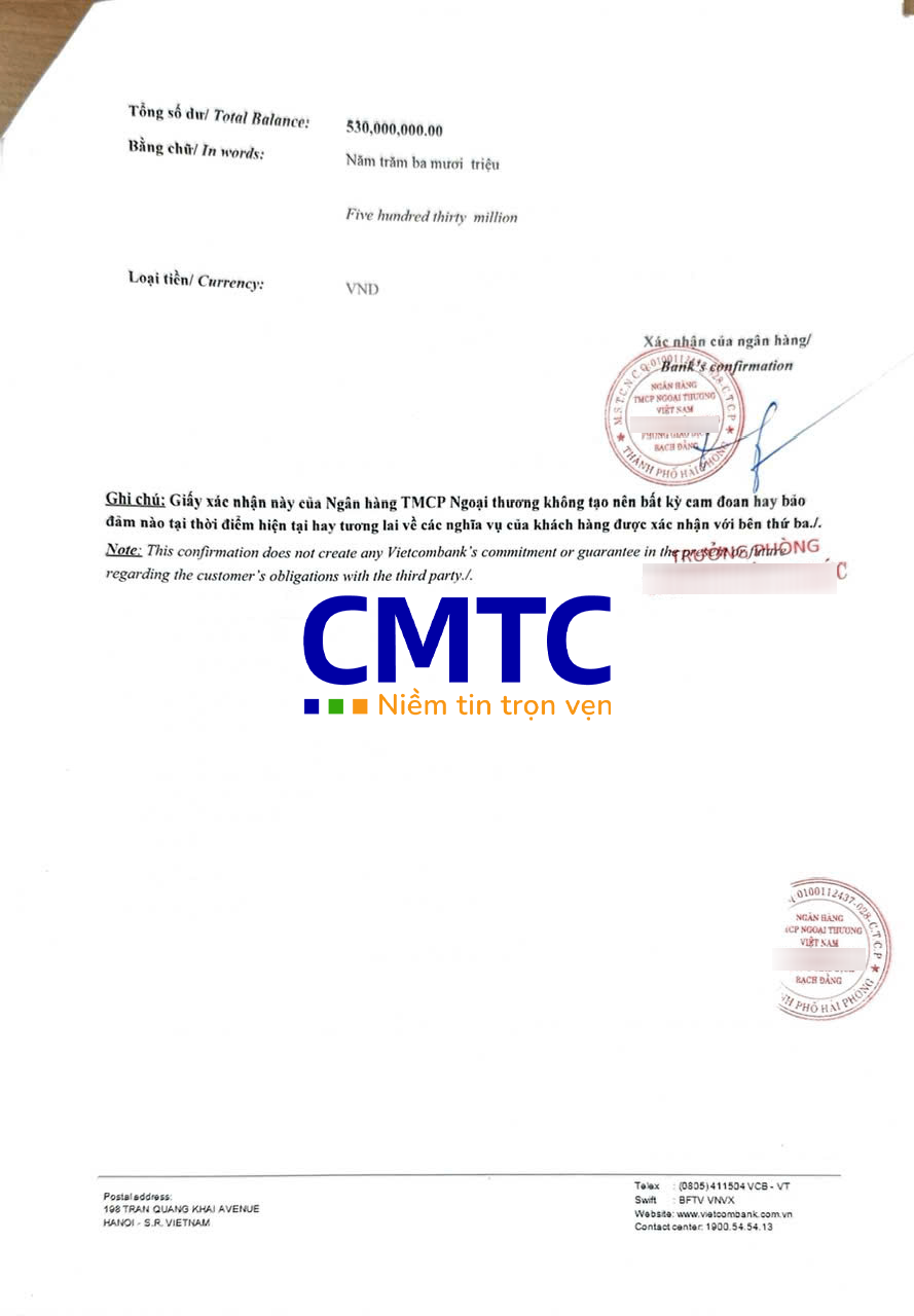 Giấy xác nhận số dư mặt sau ngân hàng Vietcombank