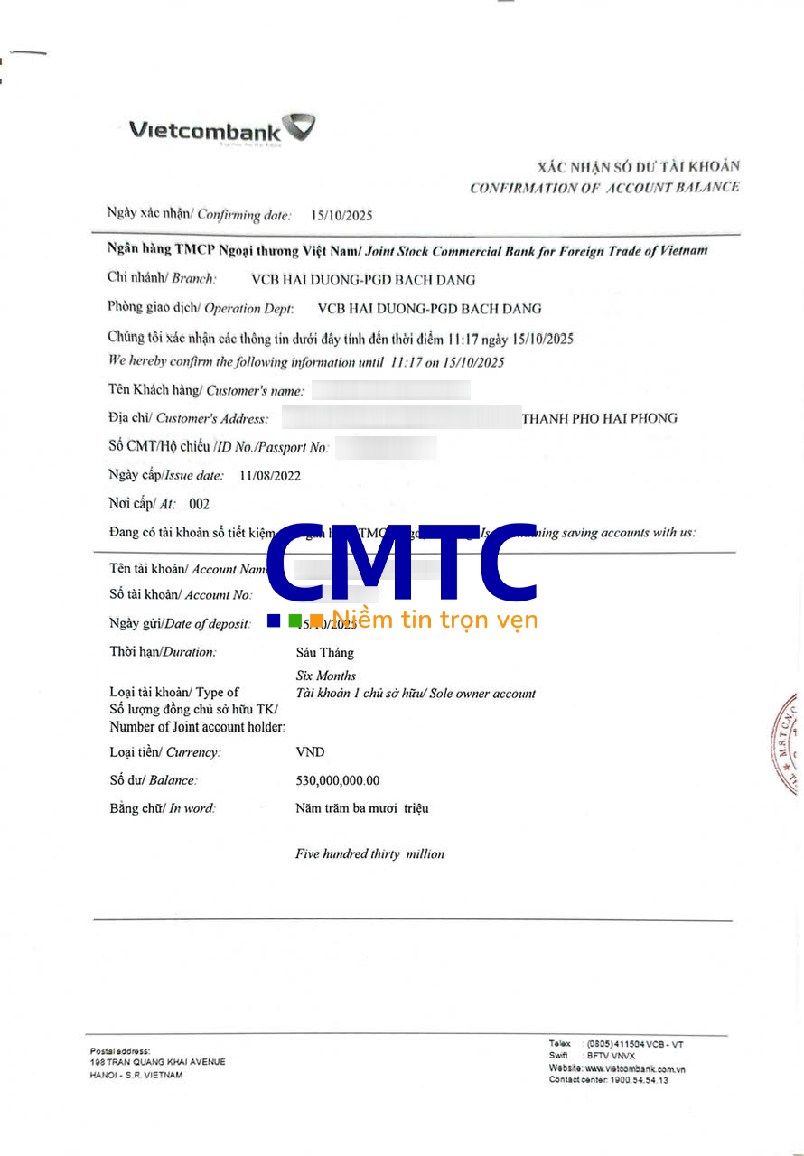 Giấy xác nhận số dư mặt trước ngân hàng Vietcombank