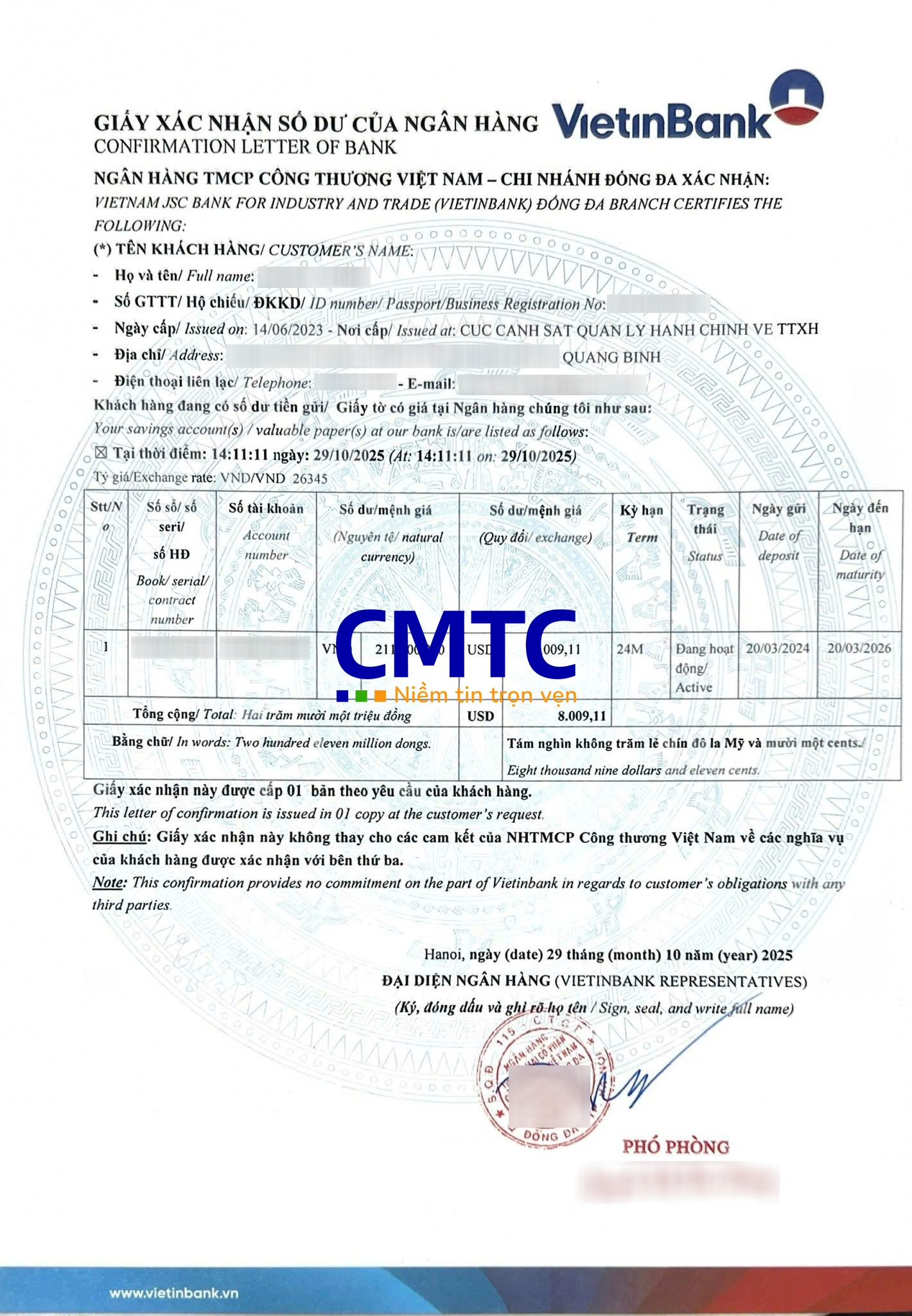 Giấy xác nhận số dư ngân hàng Vietinbank
