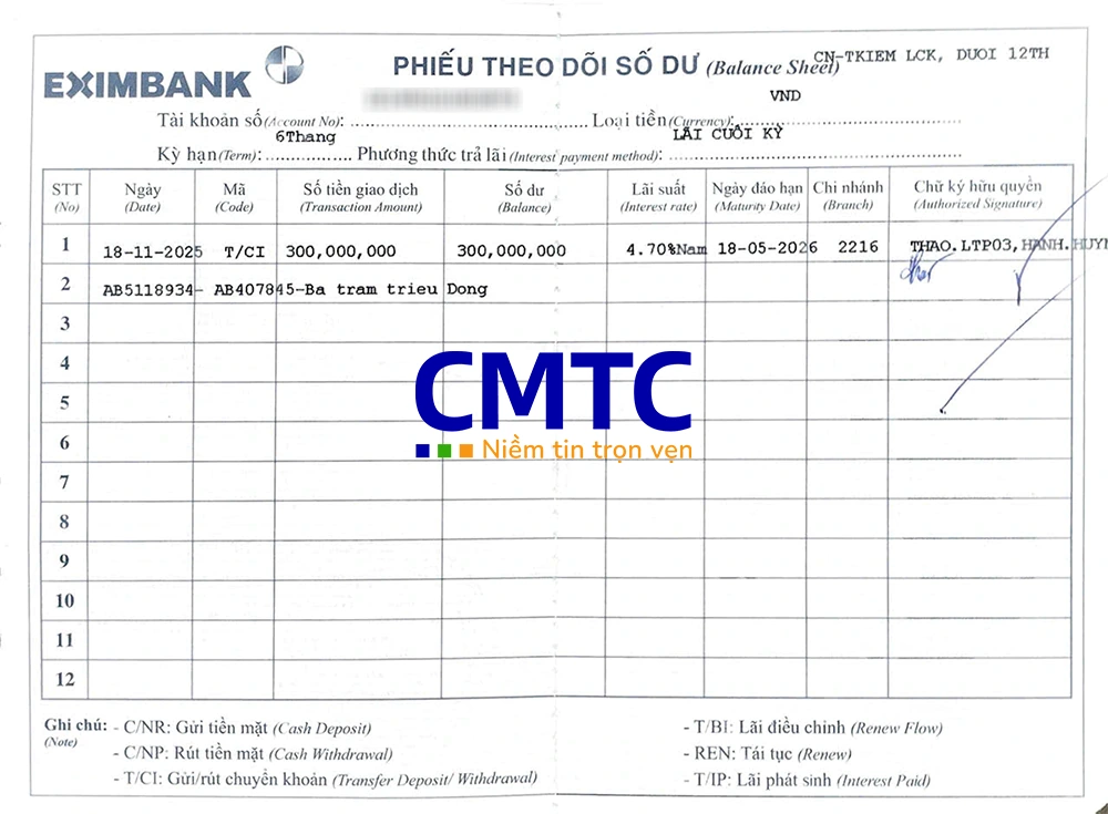 Phiếu theo dõi số dư ngân hàng Eximbank