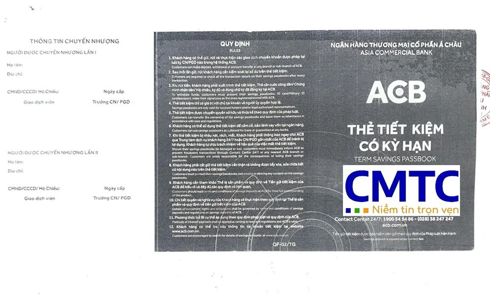 Mặt trước sổ tiết kiệm sao y ngân hàng ACB