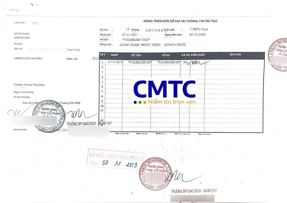 Mặt trong sổ tiết kiệm sao y ngân hàng ACB