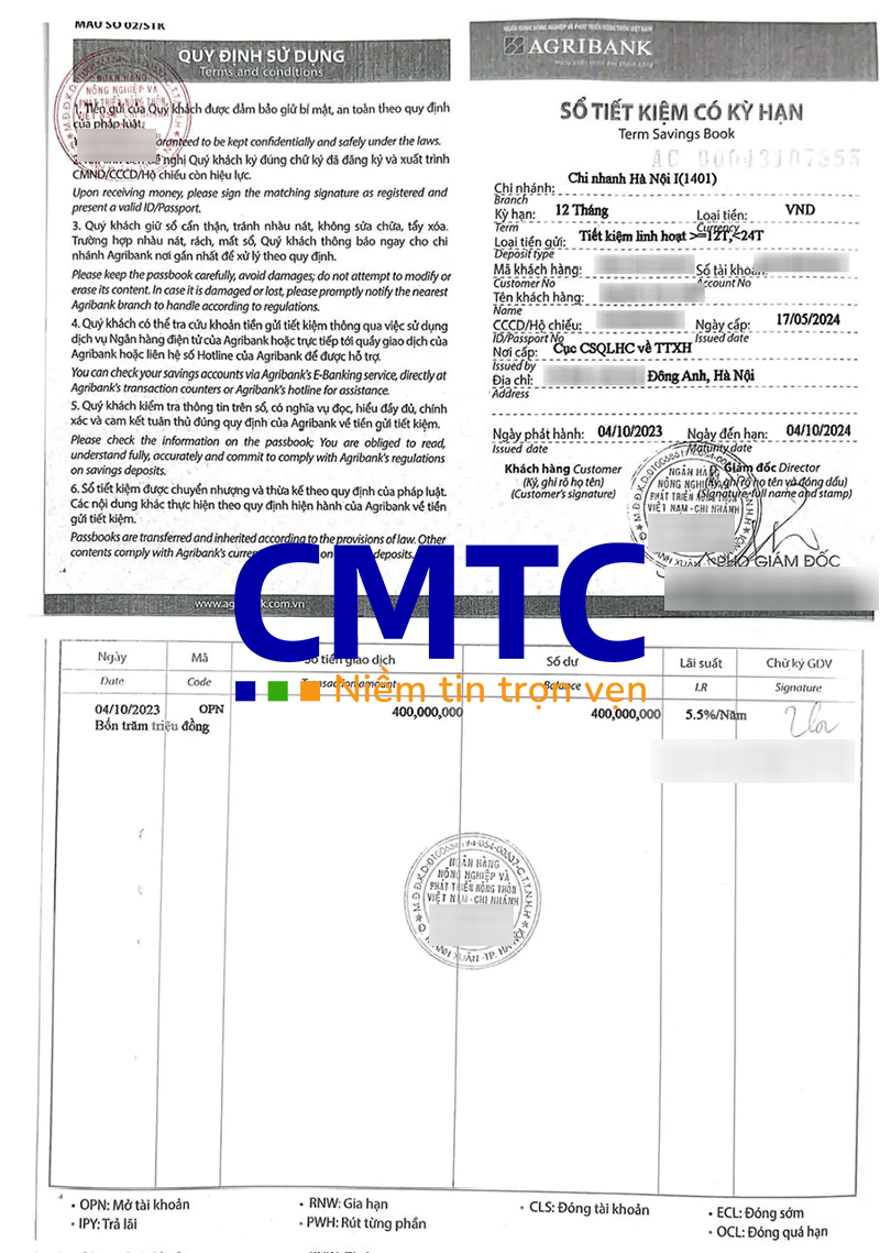 Mẫu sổ tiết kiệm sao y của ngân hàng AgriBank