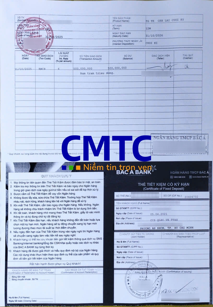 Sổ tiết kiệm sao y Bắc Á Bank