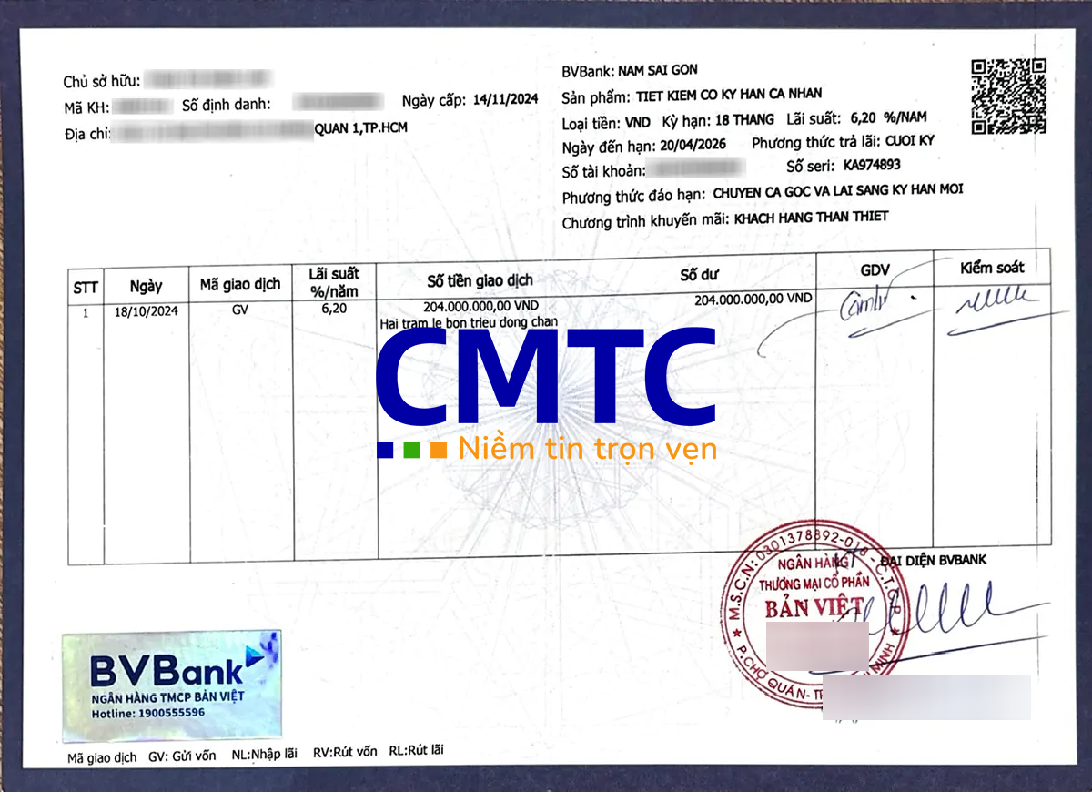 Sổ tiết kiệm mặt sau ngân hàng BV Bank