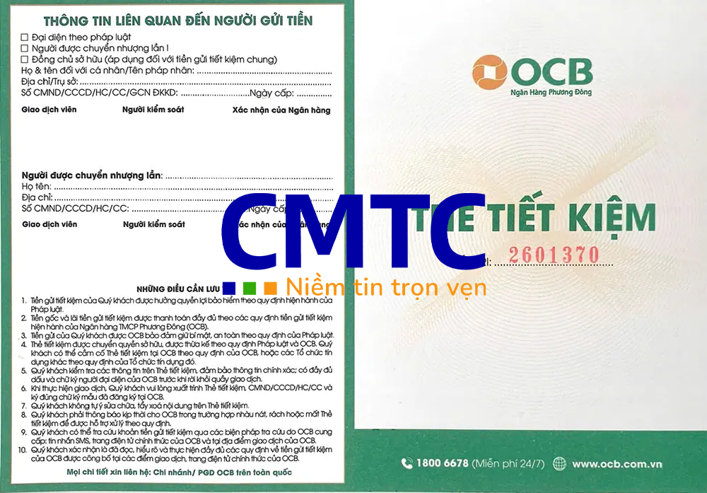 Sổ tiết kiệm mặt trước ngân hàng OCB