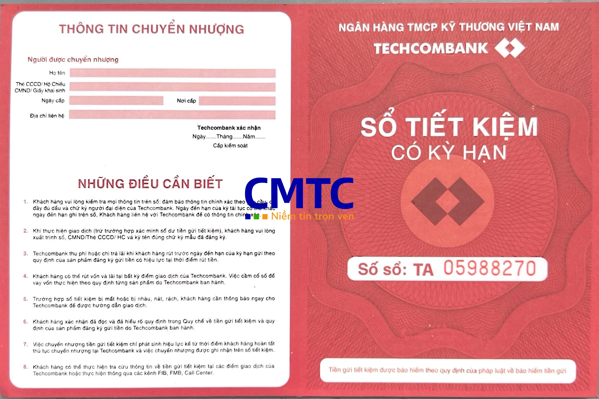Mặt trước sổ tiết kiệm ngân hàng Techcombank Bank
