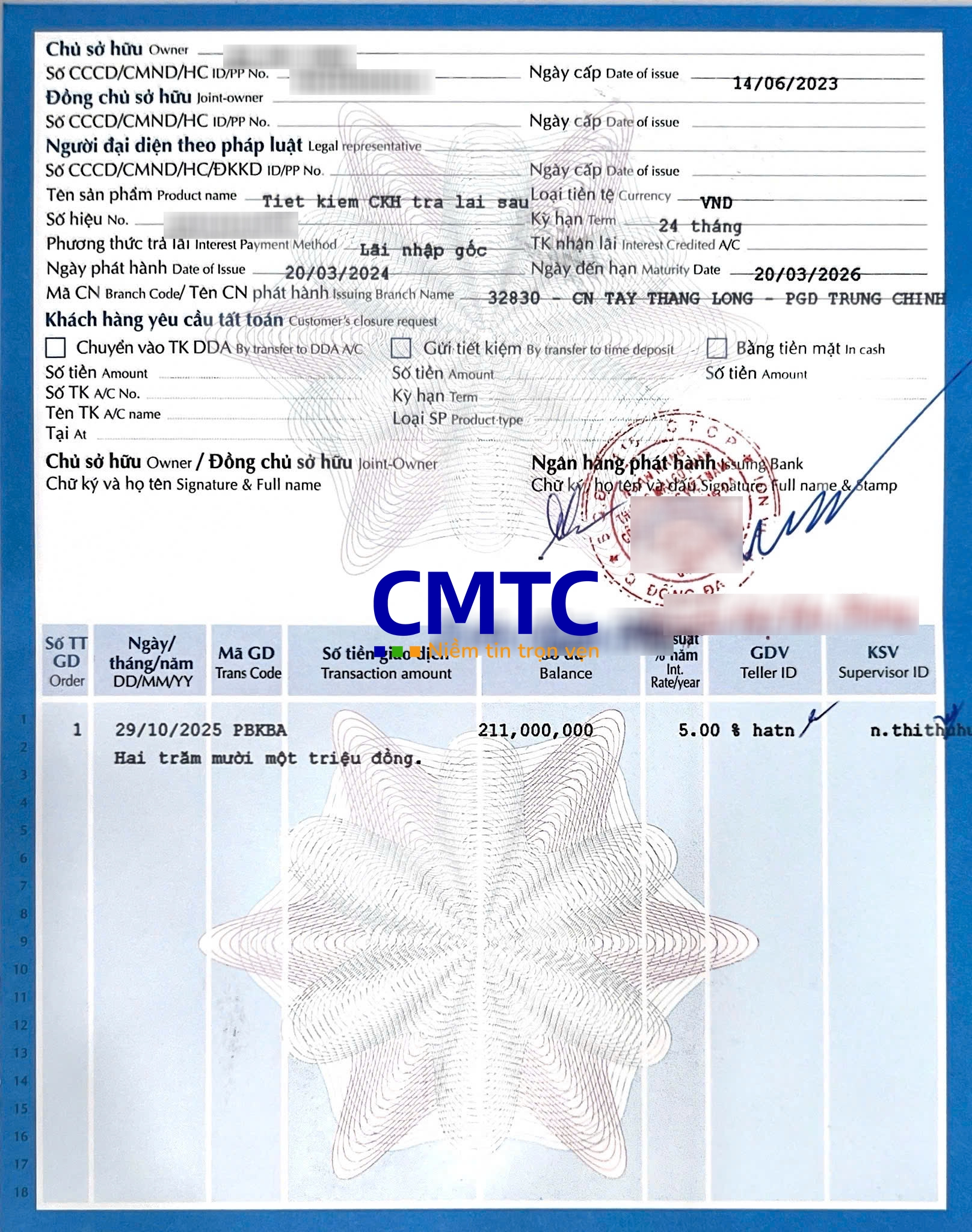 Sổ tiết kiệm mặt sau ngân hàng Vietinbank