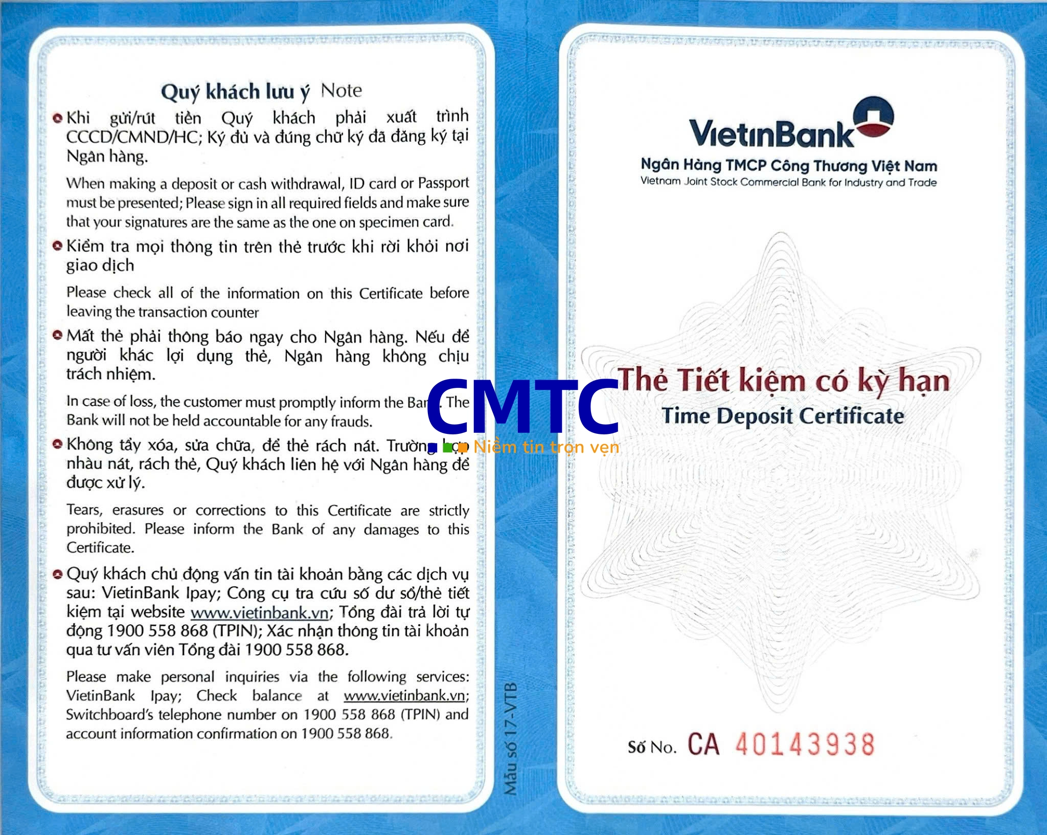 Sổ tiết kiệm mặt trước ngân hàng VietinBank