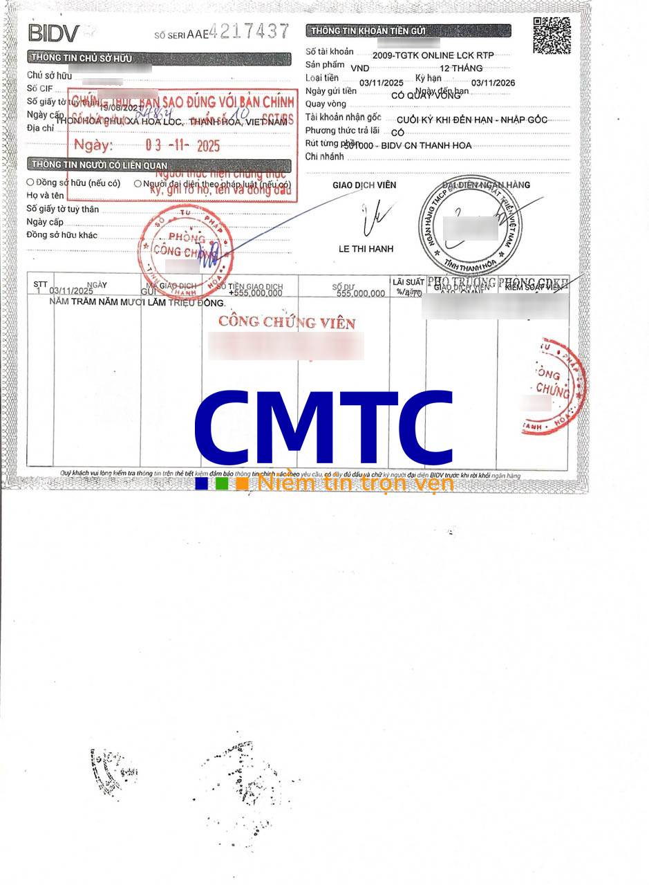 Sổ tiết kiệm sao y công chứng BIDV