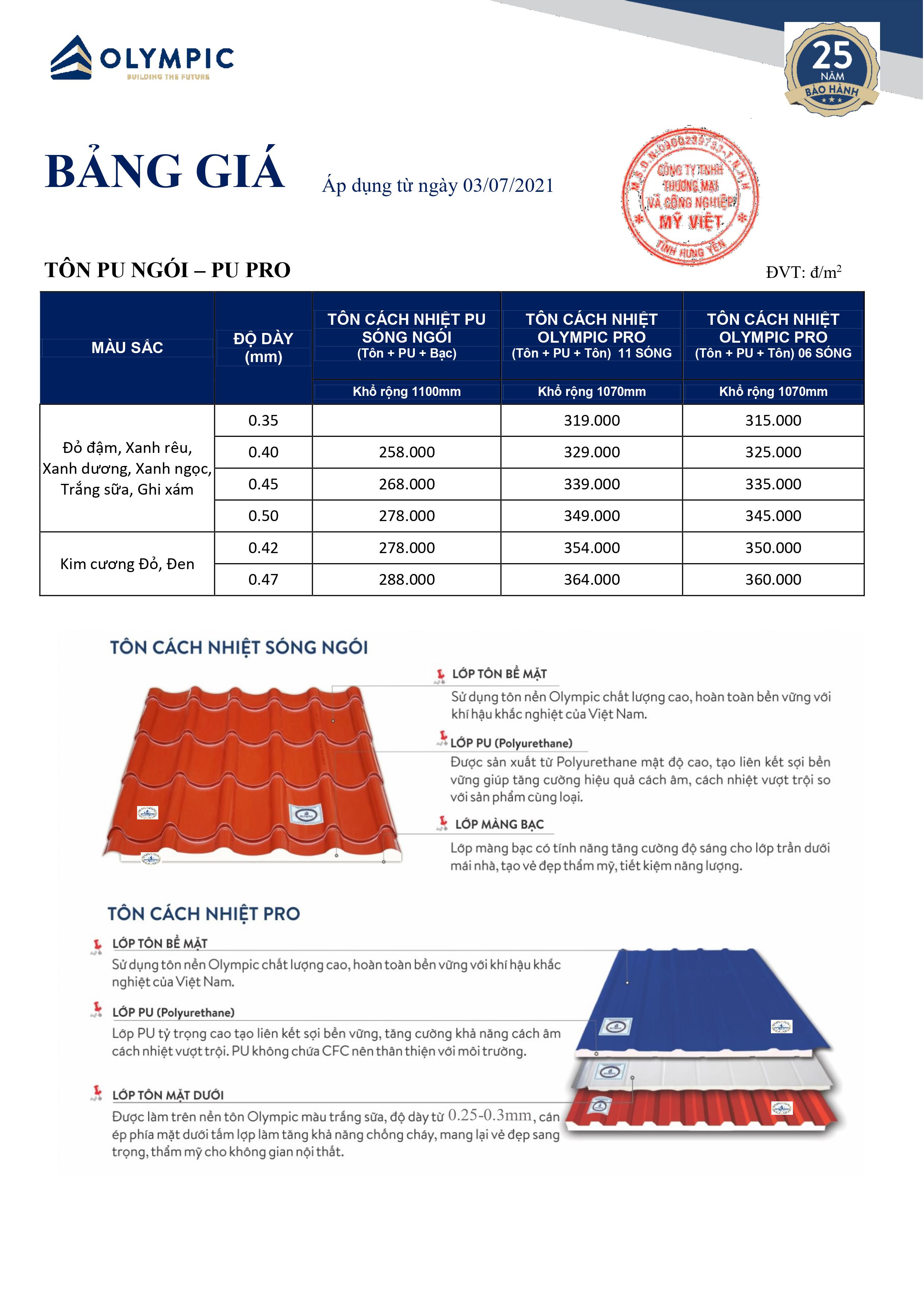 Bảng giá tôn giả ngói kim cương Olympic