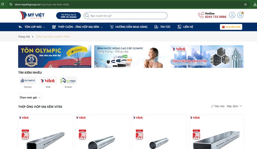 Mua ống thép mạ kẽm Vitek dễ dàng qua trang Store chính hãng của Mỹ Việt