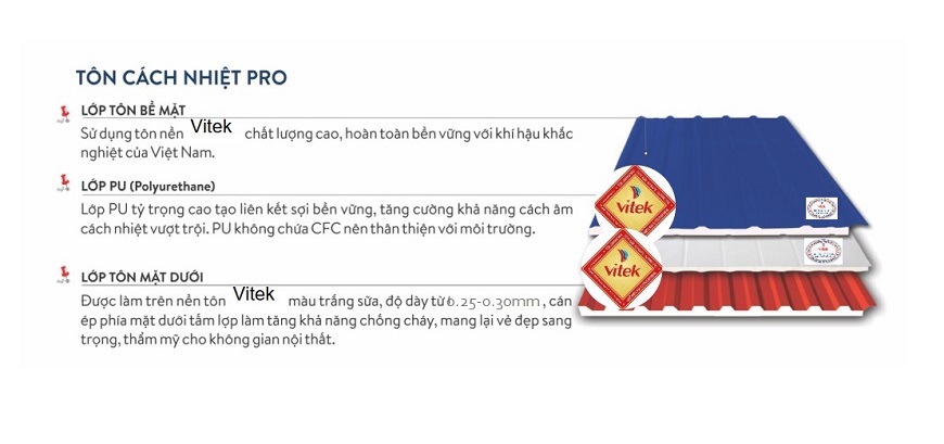 Với cấu tạo ba lớp tối ưu, tôn cách nhiệt chống cháy Vitek không chỉ đảm bảo hiệu suất sử dụng mà còn góp phần nâng cao giá trị thẩm mỹ và độ an toàn cho toàn bộ công trình