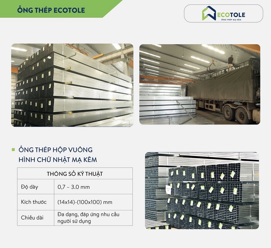 Các thông số của thép hộp mạ kẽm Ecotole