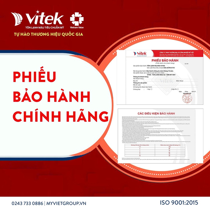 Phiếu bảo hành tôn Vitek chính hãng mặt trước và mặt sau