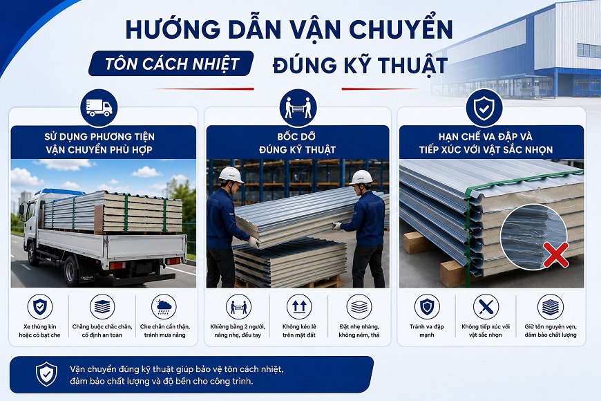 Để đảm bảo tôn PU cách nhiệt Olympic Plus giữ nguyên chất lượng trước khi đưa vào thi công, quá trình vận chuyển cần được thực hiện đúng kỹ thuật