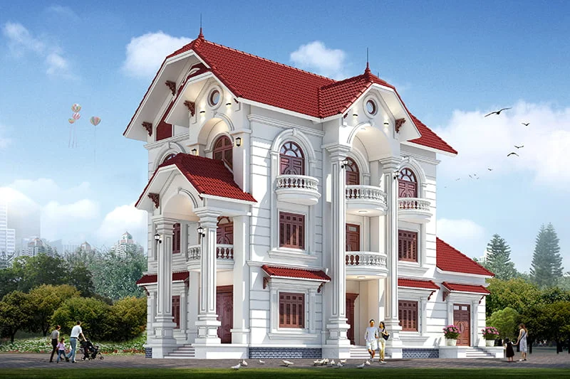 Biệt thự lợp mái tôn đỏ mang vẻ đẹp hoài cổ, sang trọng