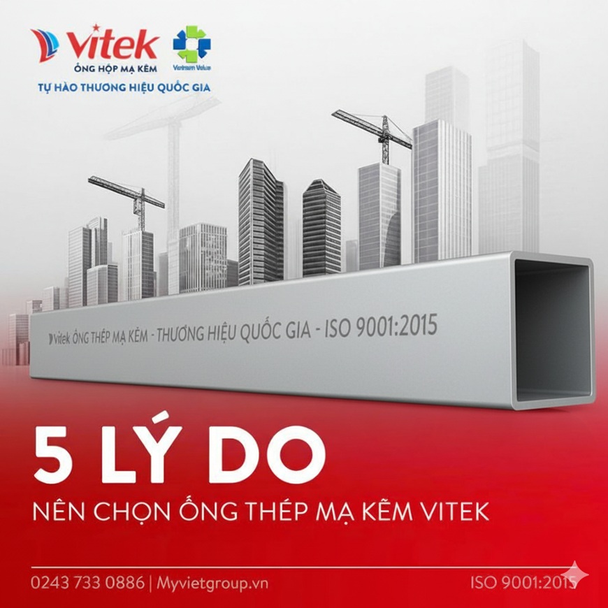Dòng chữ điện tử được in trên thân ống nổi bật dòng chữ “VITEK ỐNG THÉP MẠ KẼM - THƯƠNG HIỆU QUỐC GIA - ISO 9001:2015”
