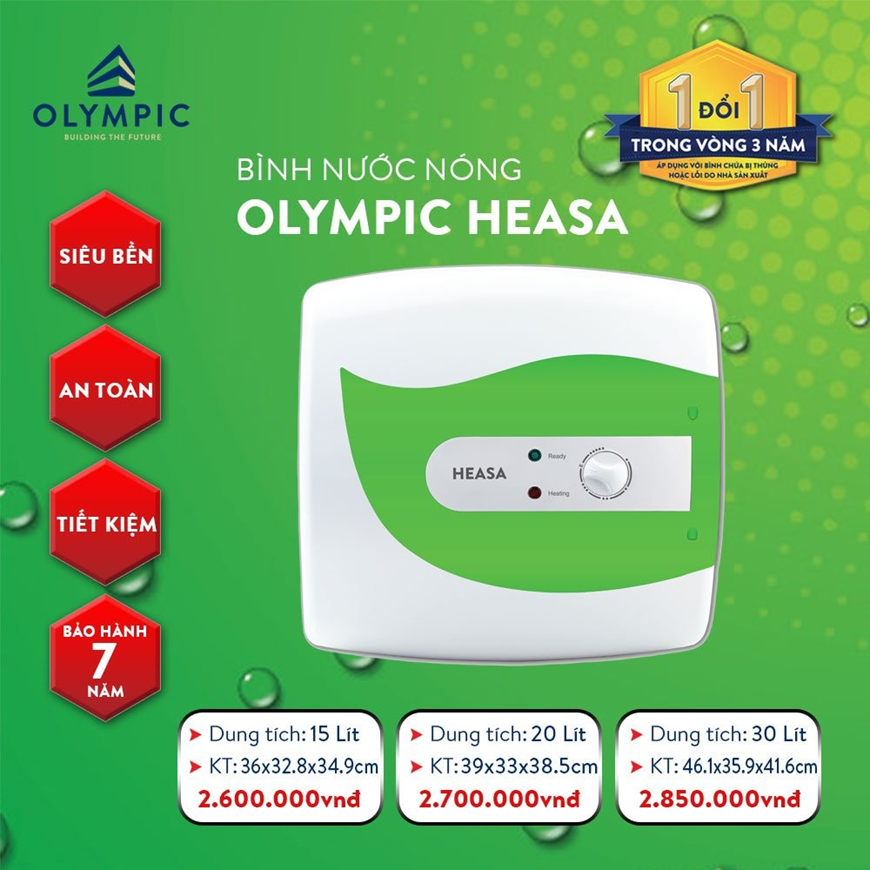 Bình nước nóng Olympic Heasa có kết cấu siêu bền, khả năng làm nóng siêu tốc với giá thành không thể tốt hơn