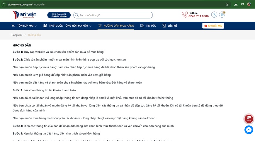 Trên web Store chính thức của Mỹ Việt được thiết kế đơn giản tiện lợi dễ đặt hàng, kèm theo hướng dẫn đặt hàng chi tiết