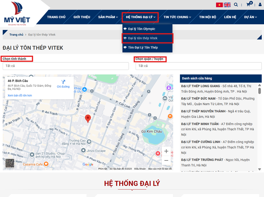 Truy cập trang web chính thức của Mỹ Việt để tìm đại lý gần bạn nhất theo khu vực