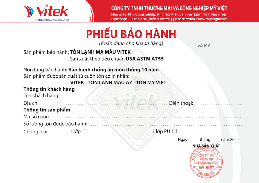 Tôn Vitek được bảo hành chống ăn mòn thủng 10 năm