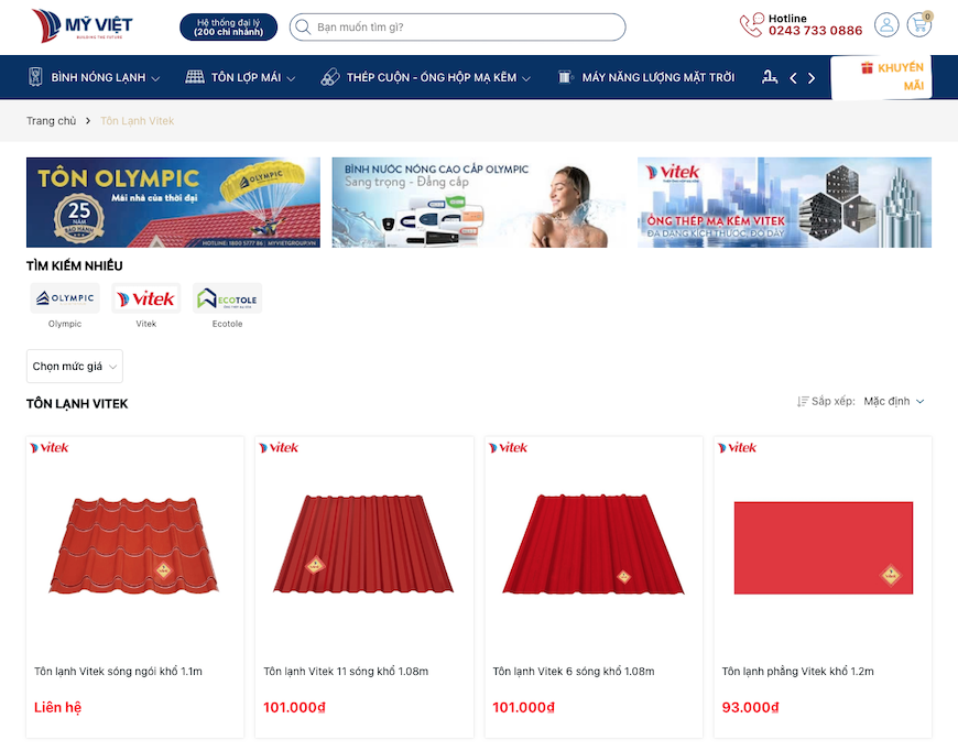 Trang thương mại điện tử mục sản phẩm Tôn Vitek