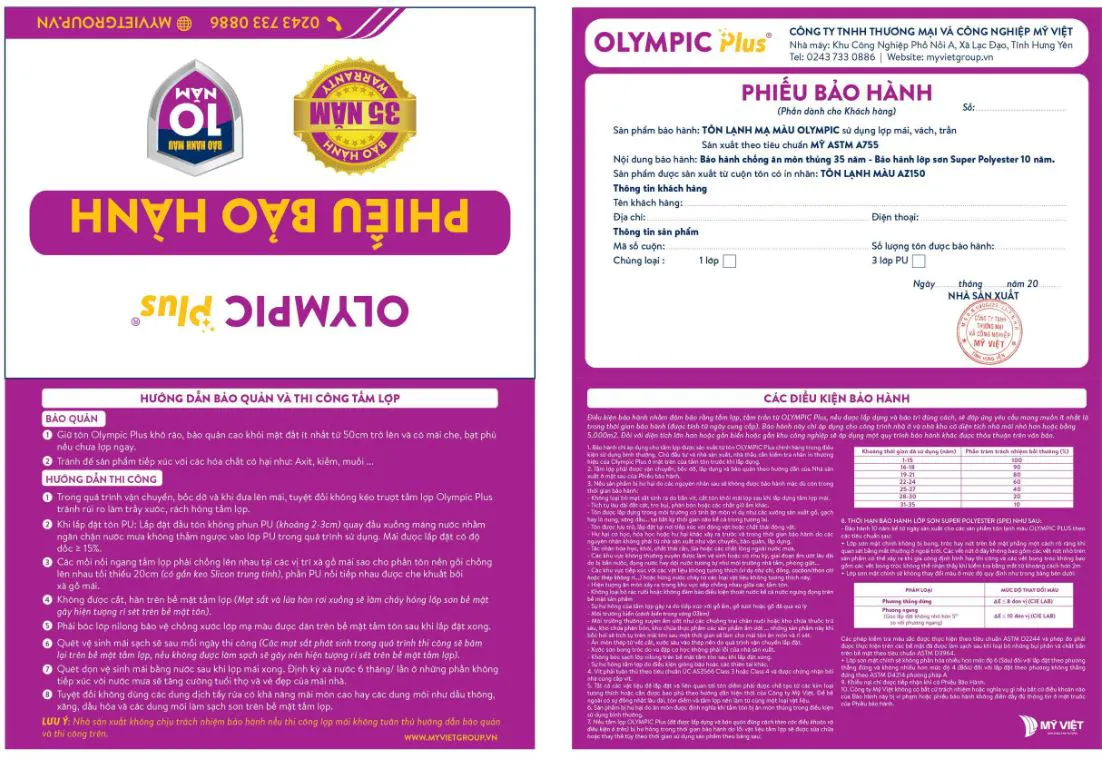 Tôn lạnh Olympic Plus có chính sách bảo hành chống ăn mòn thủng lên đến 35 năm