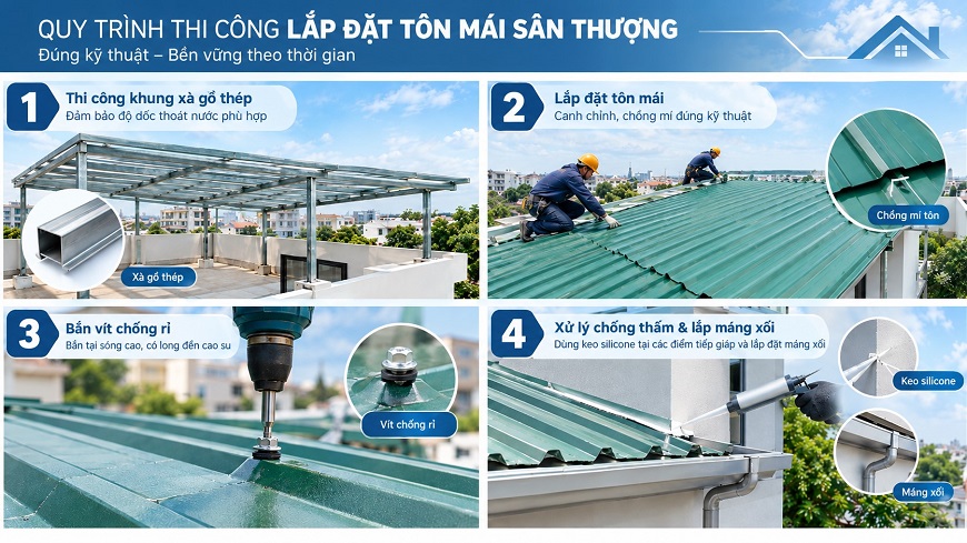 Quy trình thi công lắp đặt tôn mái sân thượng đúng kỹ thuật, an toàn và bền vững