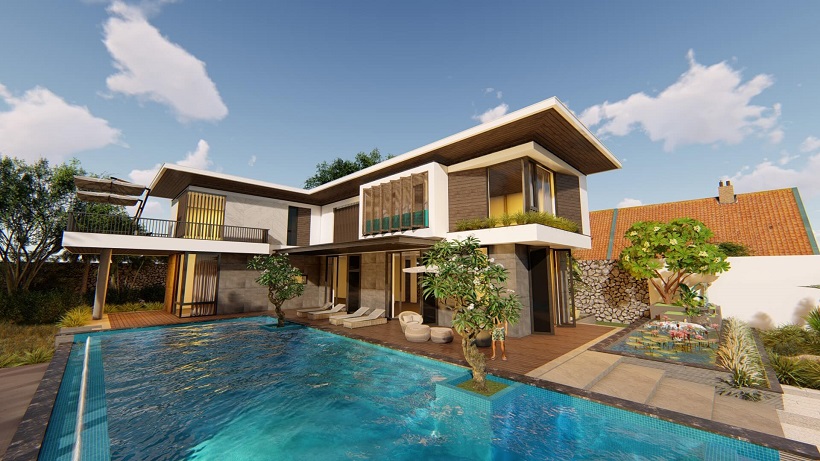 Mẫu biệt thự 2 tầng chữ L có bể bơi