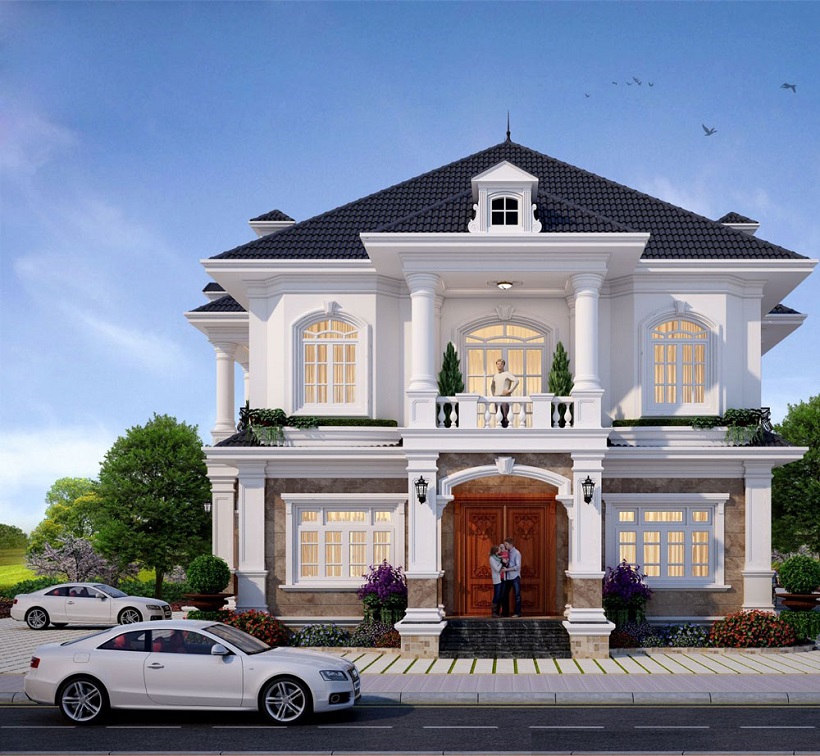 Nhà biệt thự 2 tầng chữ L kiểu Pháp