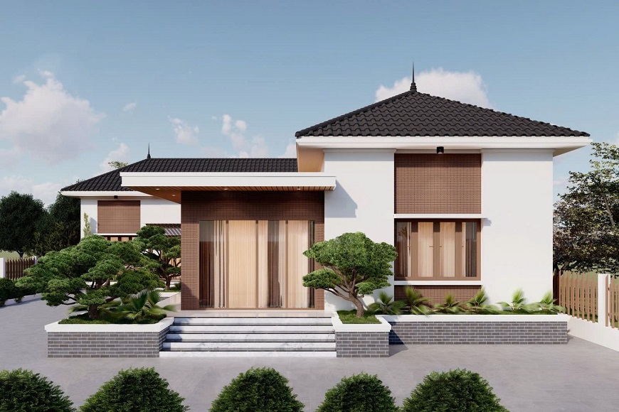 Mẫu nhà cấp 4 chữ L mái Nhật với thiết kế đơn giản, mang lại cảm giác gần gũi thiên nhiên