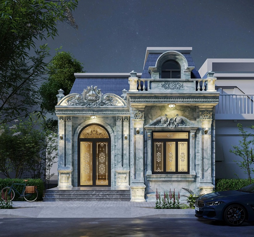 Mẫu nhà cấp 4 chữ L phong cách Tân cổ điển với đường nét trang trí tinh xảo, cầu kỳ nhưng vẫn đầy đủ tiện nghi