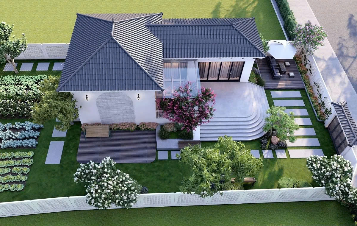 Nhà cấp 4 chữ L kết hợp sân vườn tạo nên không gian xanh, mang tới cảm giác thư giãn trong lành