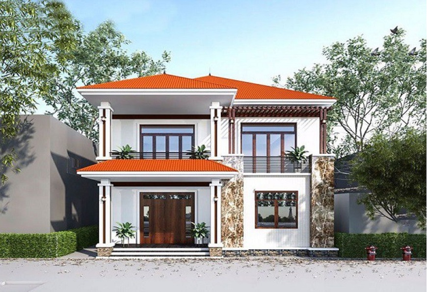 Kiểu dáng vuông vắn với mái tôn hiện đại của nhà vuông 2 tầng tạo nên sự thanh lịch và thời thượng cho kiến trúc ngôi nhà