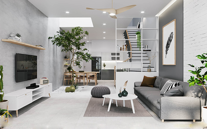 Thiết kế phòng khách đơn giản tạo ra một không gian thanh lịch và trang nhã với những đường nét mượt mà