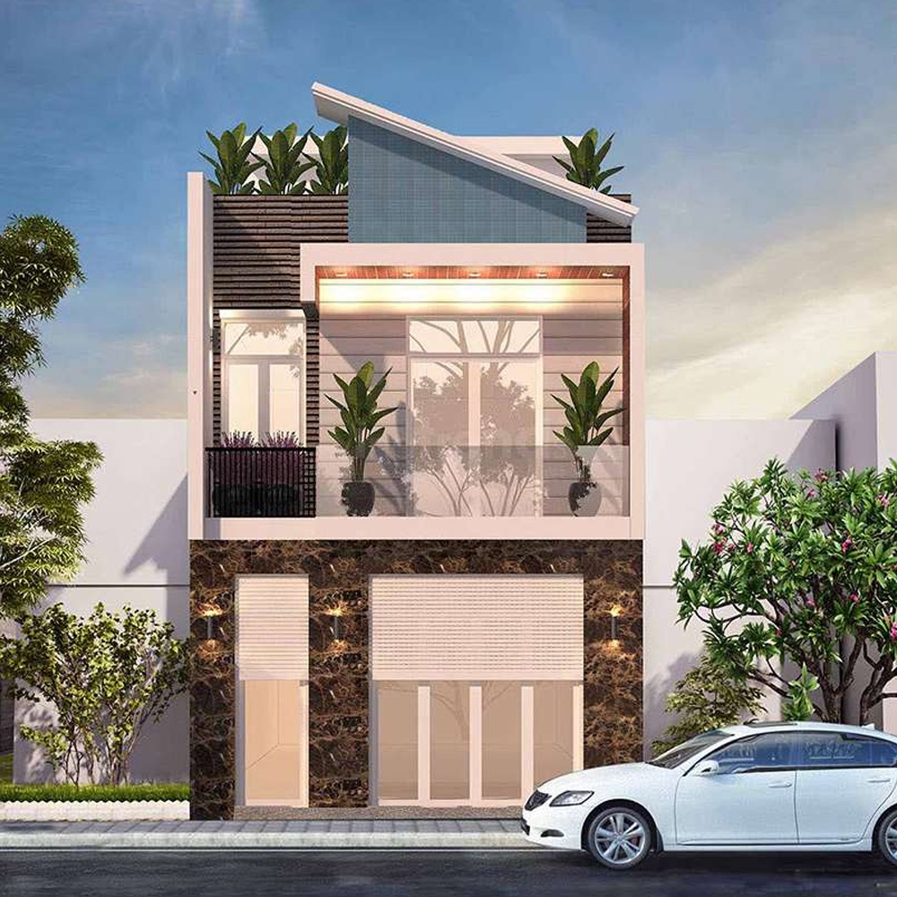 Mẫu nhà 2 tầng phong cách hiện đại với mái lệch