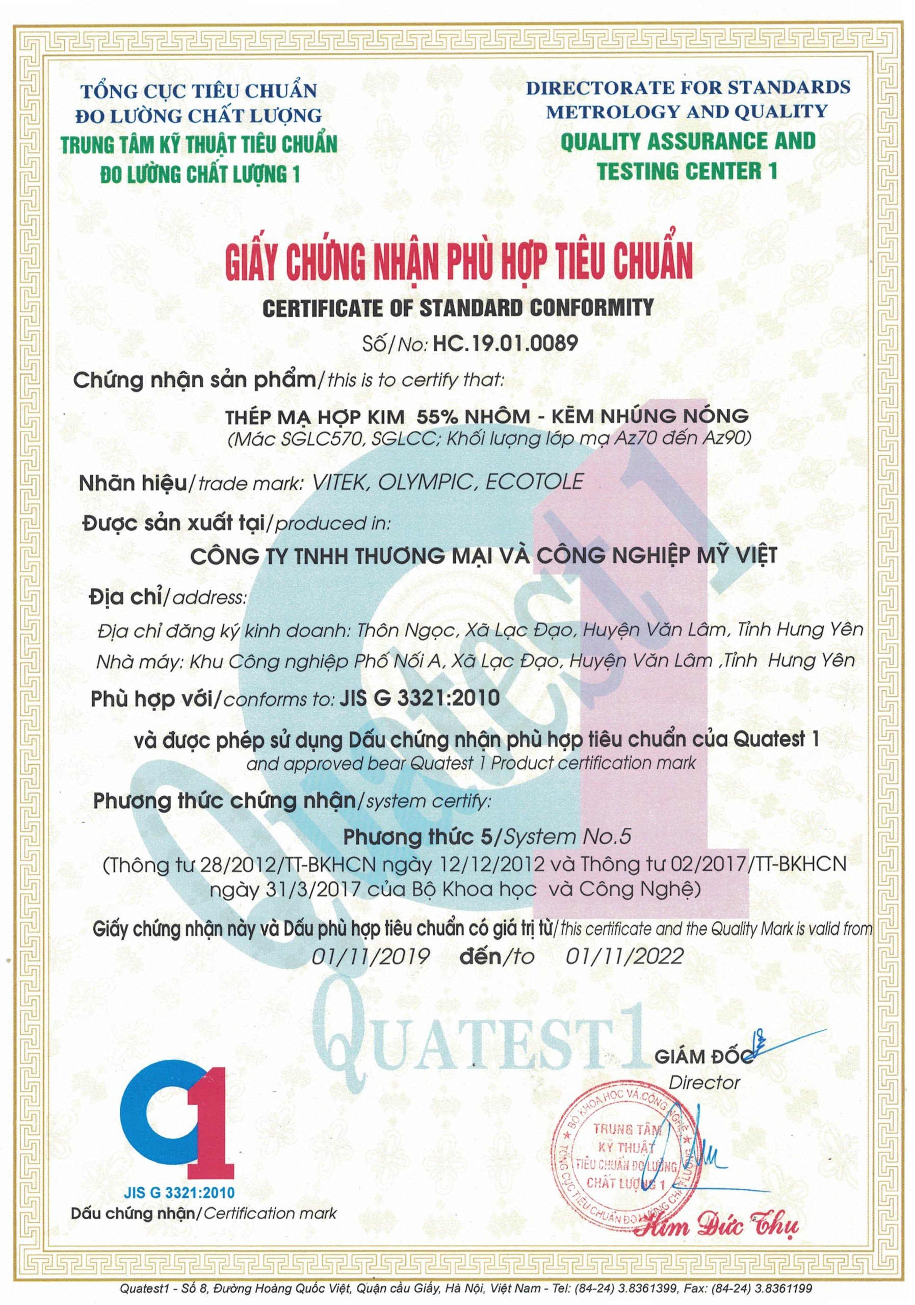 Giấy chứng nhận ống thép tròn đạt chuẩn của thương hiệu Vitek