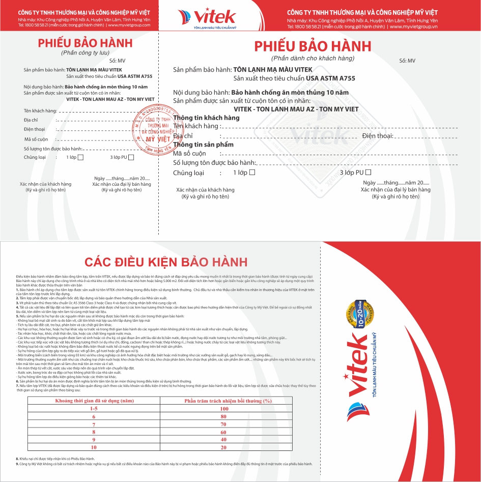 Phiếu bảo hành khi mua tôn Vitek tại Mỹ Việt Group