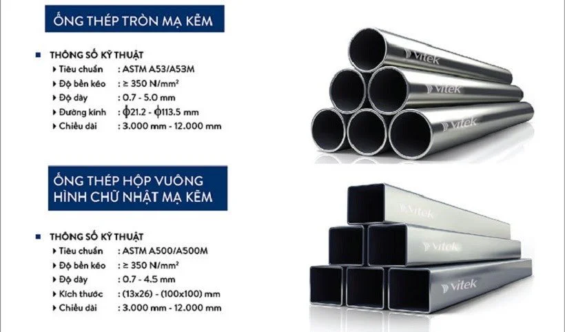 Bảng thông số kỹ thuật thép ống, thép hộp mạ kẽm Vitek