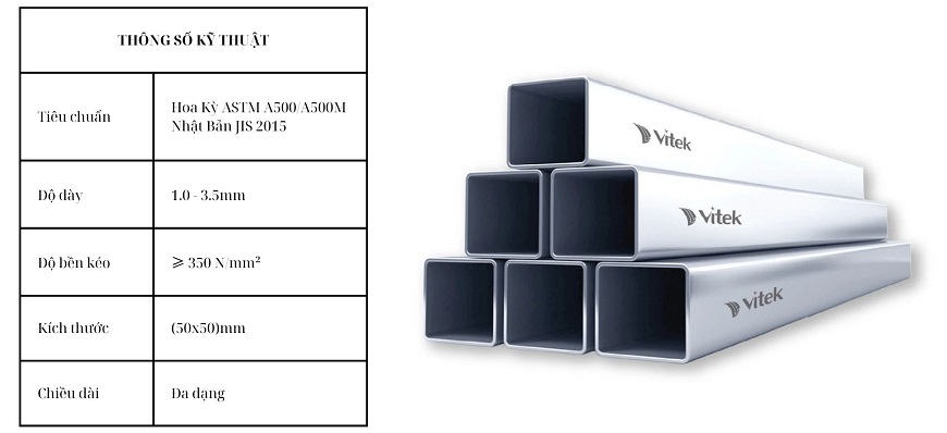 Bảng thông số kỹ thuật của thép hộp vuông mạ kẽm Vitek 50x50