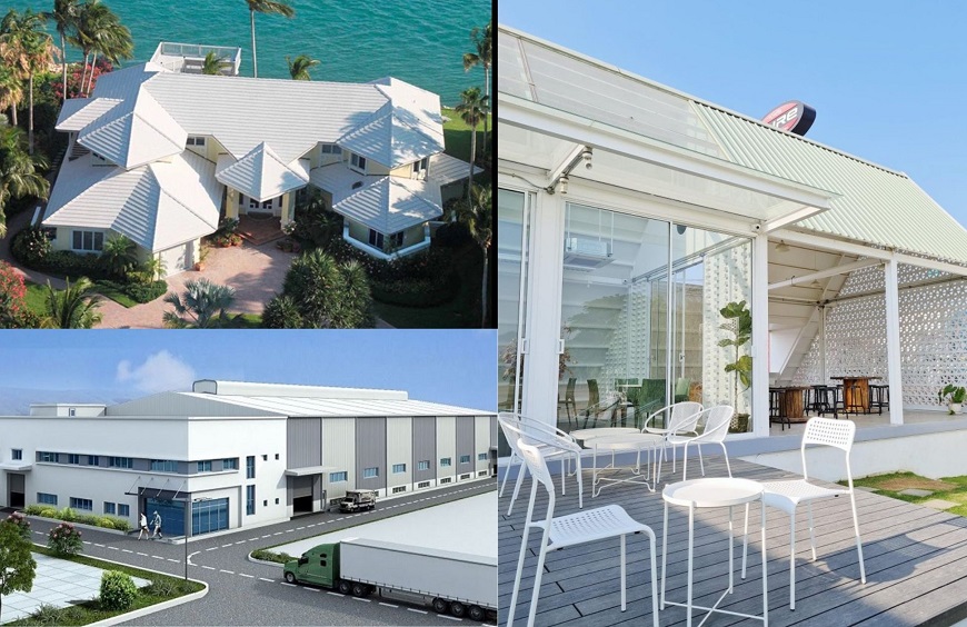 Các công trình thực tế (nhà ở, nhà xưởng, quán cà phê) sử dụng tôn cách nhiệt 6 sóng Vitek trắng sữa, vừa bền đẹp vừa mát mẻ quanh năm